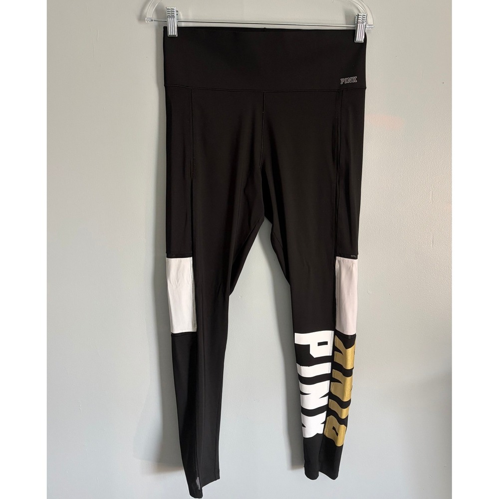 Victoria's Secret PINK Bonded Leggings Black Gold White Logo Mesh Size L